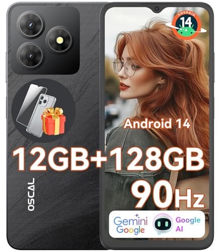 OSCAL Flat 2 Handy Ohne Vertrag, Android 15, 12GB+128GB/2TB TF Handy Günstig, 6.56'' HD+ 90Hz Smartphone Ohne Vertrag, 13MP+8MP, 5000mAh, Dual SIM/OTG/GPS/Fingerabdruck/Gemini AI/2 Jahre Garantie