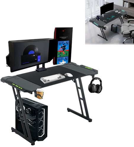 LZQ Bureau de jeu LED - 160 x 60 cm - Avec revêtement en fibre de carbone - Avec porte-gobelet et crochet pour casque - Pour une expérience de jeu immersive - Noir