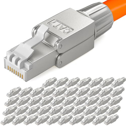HB-DIGITAL 48x CAT 7 RJ45 Stecker Netzwerkstecker für starre LAN Kabel Verlegekabel Ethernet - werkzeuglos LSA - 10 Gbit/s AWG 22-24 vollgeschirmt STP 50μ vergoldete Kontakte