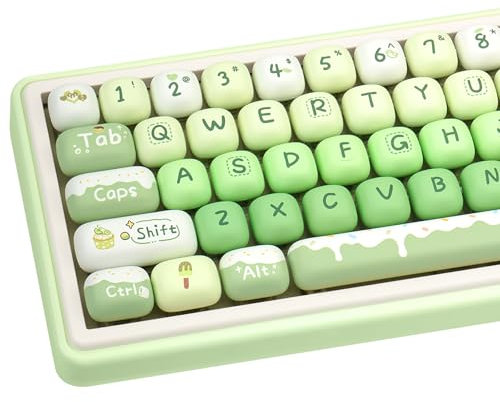 GEKUCAP Thick PBT Keycaps Set, Cute Green Keycap MOG Profile, 5 Side Dye-Sublimation Round Keycaps 140 Keys, Custom Kawaii Keyboard Key caps Set for for Cherry Gateron MX Swithes Mechanical Keyboards