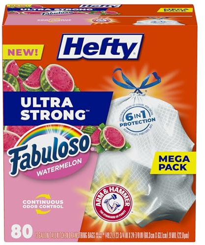 Hefty Lot de 80 sacs poubelle de cuisine ultra résistants de 50 litres, grands sacs poubelle de cuisine résistants aux fuites, aux perforations et aux déchirures, contrôle continu des odeurs, blanc