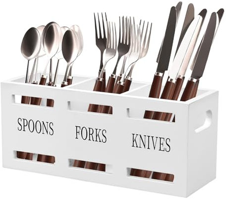 Tefola Moderno portautensili in legno con 3 scomparti, portaposate per piano di lavoro, utensili da cucina, contenitore portaoggetti per coltelli, forchette e cucchiaio (bianco)