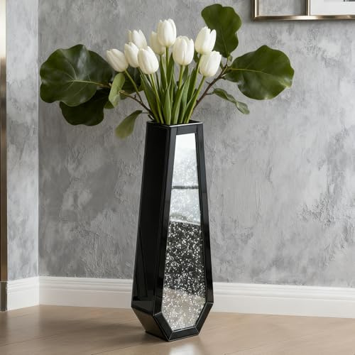 SHYFOY Bodenvase Groß 61,5cm Hoch, Große Vase aus verspiegeltem Glas, Große Vasen für Boden mit Kristall Diamant Dekoration, XXL Deko Bodenvasen für Pampasgras, Schwarz