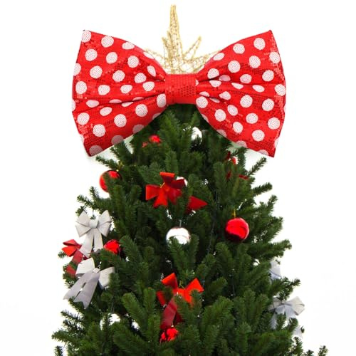 Suncalla Red and White Christmas Tree Topper Bow Mouse Tree Topper 14x8'' Large Red and White Polka-dot Sequin Bow for Indoor Outdoor Christmas Decoration Xmas Party Favors Holiday Treetop Decoration