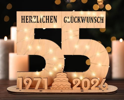 Giftota - 2026 Originelle 55 Geburtstag Geschenk Frauen & Männer - Geldgeschenke Geburtstag 55 mit LED Lichterkette Ständer - Holz-Schild Gästebuch - 55 Geburtstag Deko - Personalisierbares Geschenk