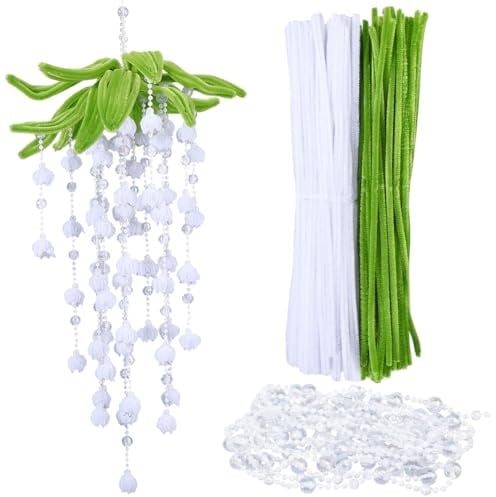 SUNNYCLUE 110 Stück Pfeifenreiniger Bastelset Lilien Pfeifenreiniger Grün Weiß Flauschig Dicke Chenille Stängel Staubgefäße Perlen Hängende Ornamente Bastelset Für DIY Bastelarbeiten Kreative Kunst Ge
