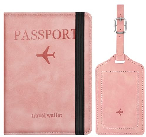 APXEL Protege Passeport en Cuir PU, 2 Pcs Étui Passeport avec Etiquette Valise, Porte-Passeport Housse avec Blindage RFID, Hommes et Femmes pour Carte de Crédit et Carte D'identité, Rose