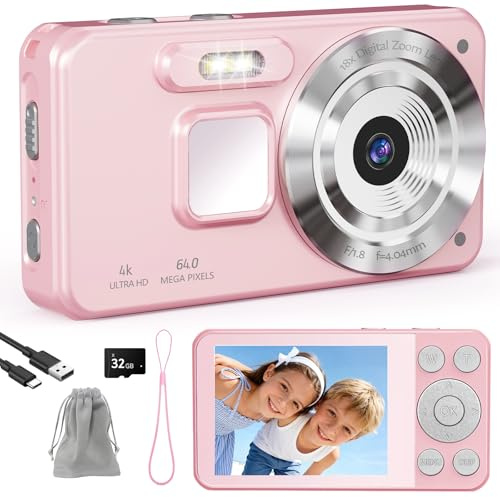 HERBYD Fotocamera Digitale Macchina Fotografica Digitale 64MP con Video HD 1080P, Scheda da 32GB, Schermo IPS da 2,8, Zoom Digitale 18X, Anti-Scossa per Bambini, Adolescenti e Principianti (Rosa-2)