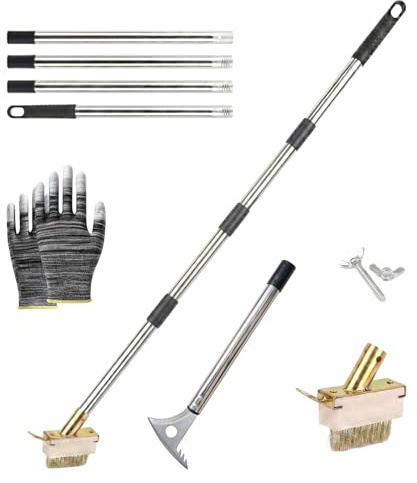 Kosmoflux Fugenkratzer mit langem Stiel 160cm, 4-in-1 Unkrautentferner & Unkrautbürste Set, Schnellarretierung ohne Schrauben für Pflasterfugen und Terrassen, Fugenbürste Metall