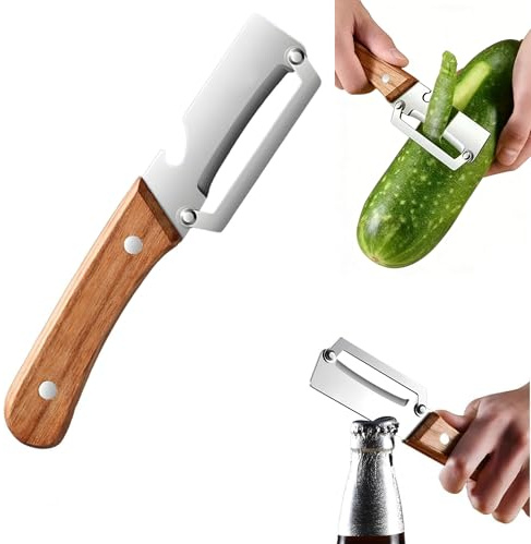 Mnrkaoic 2-in-1 Multifunktions-Sparschäler aus Edelstahl mit Holzgriff – Ultrascharfer Gemüseschäler & Flaschenöffner für Kartoffeln, Äpfel, Karotten Obst (1PC)