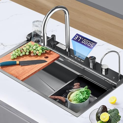 Evier Cuisine, Evier Multifonction avec Évier inox 304 avec Température Intelligente, Robinet Extractible 2 Modes, égouttoir, Distributeur de Savon et Kit Complet, 75×45×21 cm