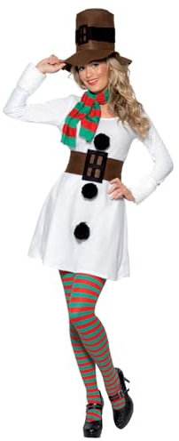 Smiffys Miss Snowman Costume, White with Dress, Hat, Scarf & Belt, Christmas Adult Fancy Dress, Santa Dress Up Costumes