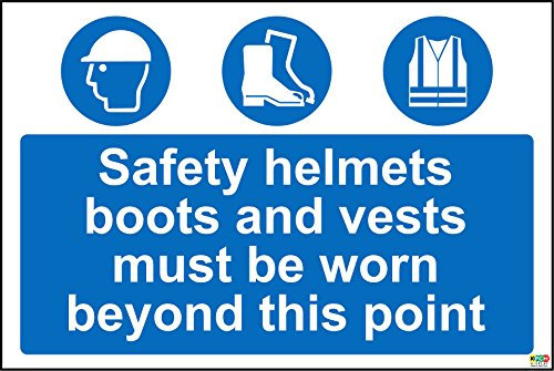 Safety Helmets Boots and Vests Must be Worn Beyond This Point Safety Sign - Self Adhesive Sticker 300mm x 200mm