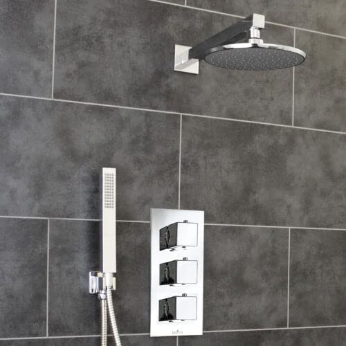 ECOSPA Modern Concealed Twin Thermostatic Shower Mixer Valve in Chrome with 2 Outlets and 3 Square Handles and a Round Overhead Plus Shower Handset Kit with Anti-Scalding Safety Feature