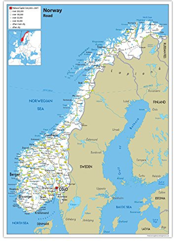 Norwegen Straßenkarte – Papier laminiert (A2 Größe 42,0 x 59,4 cm)