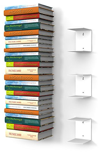 home3000 3 Weisse unsichtbare Bücherregale mit 6 Fächern für große Bücher bis 30cm Tiefe und für 150cm hohen Bücherstapel