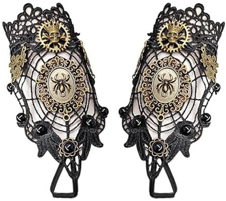 Daimay Gothic Handstulpe mit Brosche Victorian Steampunk Handgelenk Cuff Gear Armband für Hochzeit Braut Halloween Fasching Accessoires - 1 Paar – Spinnennetz