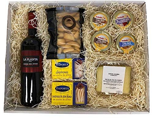 Pack Picoteo 5 - cesta gourmet con Vino tinto ribera del duero La Planta, 4 variedades de cremas de quesos, conservas de pescado gourmet y picos de pan ideal para regalos