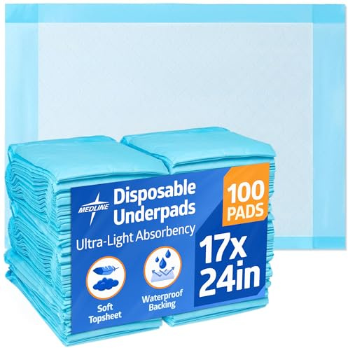 Medline Ultra Lightweight Tissue and Plastic 17” x 24” Disposable Underpad, Great for Changing Table and Surfaces, 100 Count