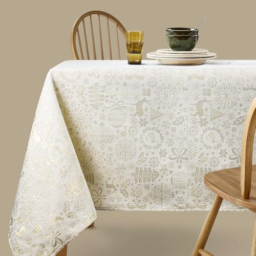 Viste tu hogar Tischdecke Weihnachten Goldfaden, speziell für Weihnachtsdekoration und Familientreffen usw., modernes und Elegantes Design, Beige Weihnachten, 140x140cm