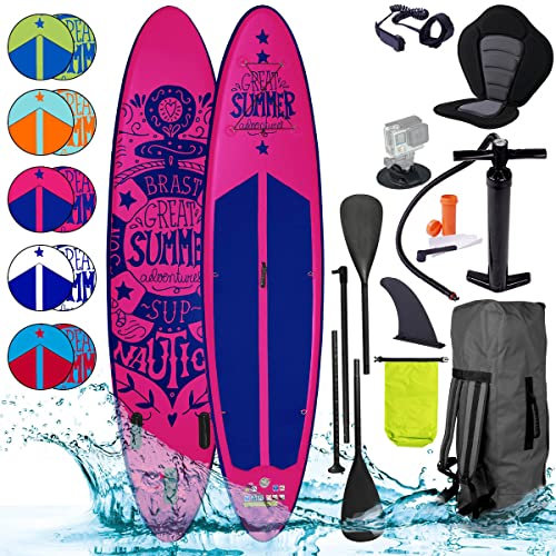 BRAST® SUP Board Summer | Aufblasbares Stand up Paddle Set | 320x81x15cm viele Modelle | 5 Jahre Garantie | inkl. Sonderzubehör | 2in1 Paddel Kajak-Sitz Action-Cam-Halterung Fußschlaufe | Pink