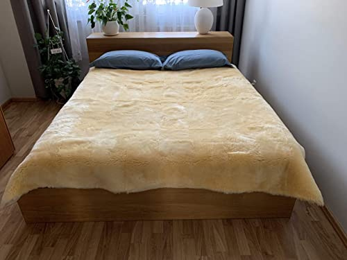 Sheepmania Relugan Schaffell Echt Tagesdecke 200 x 200 cm Geschoren - Gegerbt im Relugan Verfahren Lammfell Echt Kurzes Dichtes Schaffell Echt - Decke aus Schafwolle Lammfelldecke Kinderwagen Goldgelb