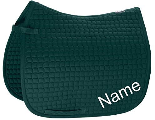 Eskadron racinggreen Cotton Pony Dressur-Schabracke mit individuellem Namen Bestickt, Schriftart:Comic, Garnfarbe Maderia:Navy Blue 1967