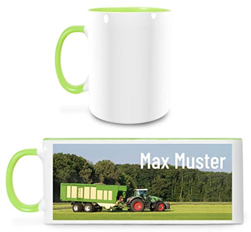 Manutextur Tasse mit Namen - personalisiert - Motiv Traktor 01 - viele Farben & Motive - weiß/hellgrün - Größe - persönliches Geschenk mit Wunsch-Motiv und Wunsch-Name