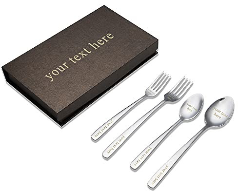 Filhome Edelstahl Gabel Löffel Set mit Personalisiert Gravur Geschenk für Freund Ehemann Ehefrau Familie (4-teiliges Set)