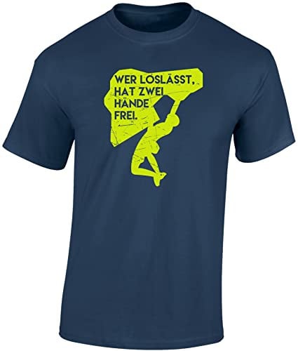 Baddery Kletter T-shirt för män – Den som släpper två händer fria – Boulder-skjorta – klättring och utomhusmotiv, Denimblå, XL
