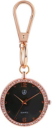 JewelryWe Glitzer Uhr mit Karabiner Schlüsselanhänger: Damen Karabineruhr Glänzend Strass Analog Quarz Taschenuhr mit Rosegold Rundem Gehäuse und Schwarz Zifferblatt