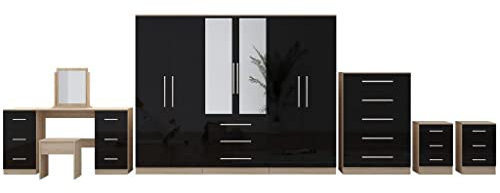 UNIQUE FURNISHINGS 6 DOOR FULL BEDROOM SET HIGH GLOSS BLACK, 6 DOOR WARDROBE + DOUBLE DRESSER + CHESTER + 2 BEDSIDES