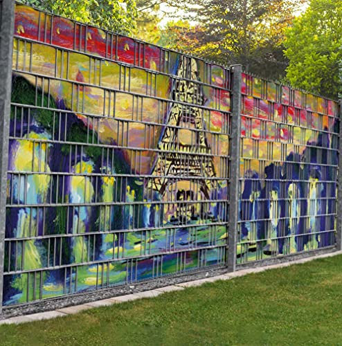 MyMaxxi Zaunsichtschutz - Eiffelturm bunt - Sichtschutzstreifen für Doppelstabmattenzaun - Windschutz Sonnenschutz Blickdicht - Sichtschutz Garten Teil1 + Teil2 - 9 Streifen - 500x180cm