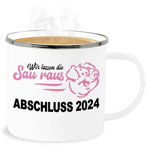 Emaille Becher Blechbecher - Abi & Tasse - Lasst die Sau raus - Abschluss 2026-300 ml - Weiß Silber - 2023