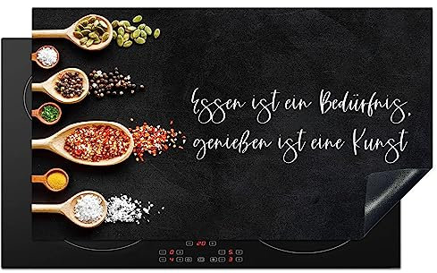 KitchenYeah© Herdabdeckplatte Einteilig Küche Herdabdeckung Induktionsfeld Ceranfeld Herdabdeckplatten Vinyl Matte Aufrollbar Zitate & Sprüche - Essen ist ein Bedürfnis, genießen ist.. - 90x