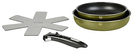 Sitram 715709 Lot de 2 poêles Aluminium Recyclé Ø 24 et 28 cm colori Vert Metallisé Revêtement intérieur anti-adhésif sans PFOA + manche amovible + 1 feutrine - Tous feux dont induction
