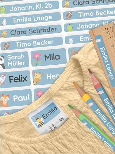 melu kids® Namensaufkleber Set Kinder für Schule Stifte - Kleidung & Gegenstände (140 Sticker) - Personalisierte wasserfeste Aufkleber in verschiedenen Größen (blau)