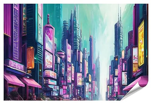 islandburner XXL Bild Poster Sci Fi Fantasy Stadt: Gebäude leuchten in Neonfarben, schaffen futuristische Kul Premium Bilder Fotodruck JEQU-PKL