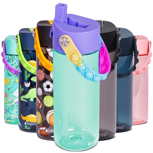 Elemental Splash Kinder-Wasserflasche für die Schule, mit Pop-it-Griff, BPA-freie Tritan-Kunststoff-Wasserflasche mit Strohhalm, auslaufsicher, wenn der Ausguss geschlossen ist, Blau mit Batikfärbung