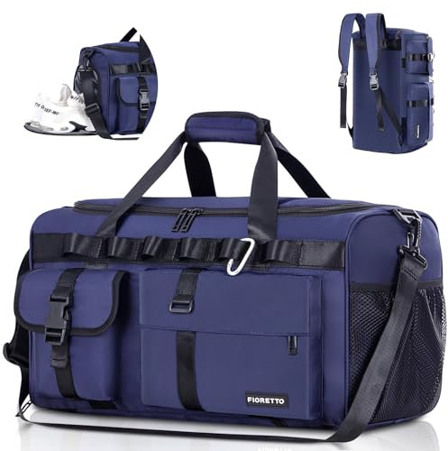 FIORETTO 45L Womens Mens Gym Sports Duffle Bag with Shoes Compartment, Water- Resistant Travel Bag with Trolley Sleeve, Weekend Overnight Hospital Bag Sports Holdall Backpack Navy