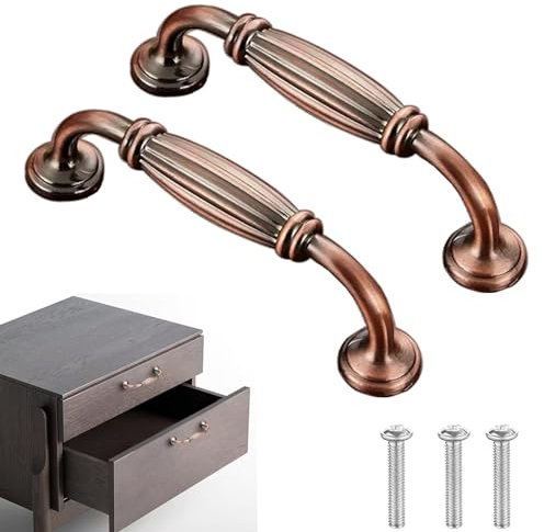 KanDery 6PCS Vintage Cabinet Handles, Chic Drawer Handles, Furniture Door Pull Handles, Antique Kitchen Cupboard Handles, 96mm Hole Center, Red Bronze