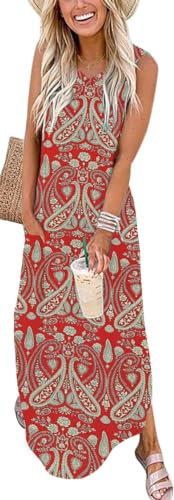 WNEEDU Damen Sommerkleider Lang V-Ausschnitt Strandkleider Ärmellos Freizeitkleid Lose Maxi Kleid mit Taschen,Neues Boho-Rot S