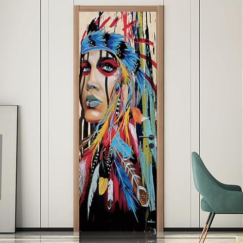3d Türtapete Selbstklebend Indianer Türposter Fototapete, Schlafzimmer Wohnzimmertür Aufzug Tür Aufkleber B90 x H200cm