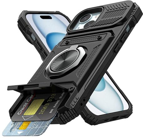 Coolden for iPhone 15 Case with Card Holder [Max 2 Cards] Ring Holder Kickstand Armor Shockproof Military Grade Dual Layer Heavy Duty Protective Case Wallet Case Cover for iPhone 15 Phone Case-Black