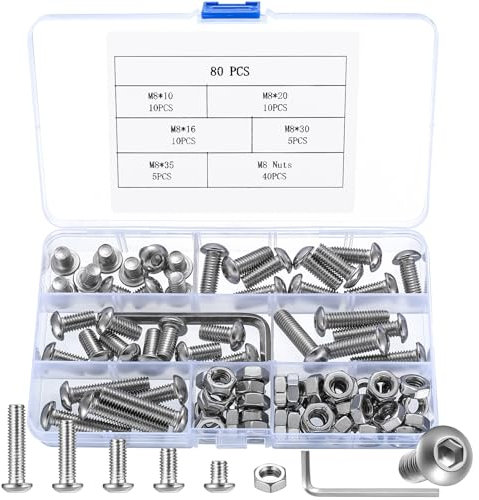 80 Pz M8 Viti Bulloni e Dadi Kit, Viti a Brugola in Acciaio Inox, Bulloni Viti a Testa Esagonale e Dadi Set, Vite a Testa Bottone Brugola con Dado, Viti a Testa Cilindrica Esagonali