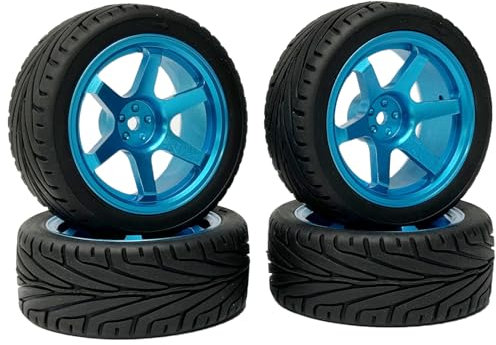 KINGCOO RC Auto Reifen und Räder Set, 4Stück 65mm Gummireifen und 6 Speichen Aluminiumlegierung Metallfelgen Räder Felgen Alufelgen Ersatzteile für 1/10 RC On-Road Touring Racing Auto (Schwarz Blau)