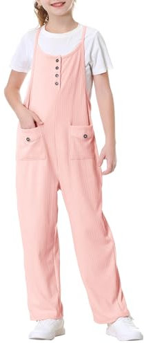 Rolanko Tute da Ragazza Salopette Senza Maniche Cinghie Regolabili Larghe Pagliaccetti Pantaloni Lunghi con Tasche per Bambini, Rosa, Taglia: 8-9 anni/140
