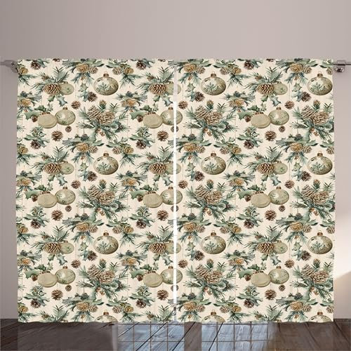 ABAKUHAUS Weihnachten Rustikaler Gardine, Weihnachtskugeln Liebeszeit, Schlafzimmer Kräuselband Vorhang mit Schlaufen und Haken, 280 x 175 cm, Braun Grün Blau