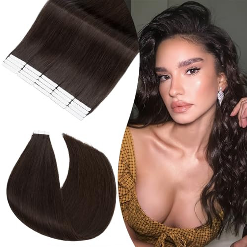 Rich Choices Tape Extensions Echthaar Tape in Extensions 35cm 20 Stück #2 Dunkelbraun Haarverlängerung Echthaar Remy Seidig Gerade Invisible Tape ins Haar Extensions Natürliche Haarverdichterung