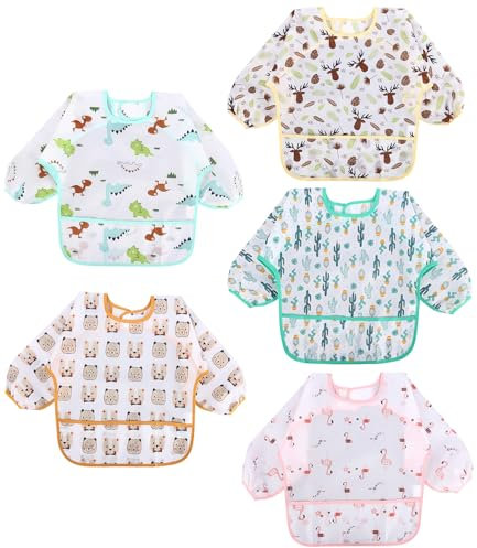TIDEVAN 5 Stück Lätzchen Baby mit Ärmel, Ärmellätzchen mit Großer Tasche Wasserdicht Kinder Lätzchen, für Kleinkinder Babylätzchen mit Ärmeln für 6-36 Monate Kinder für Essen Basteln Malen Kunst